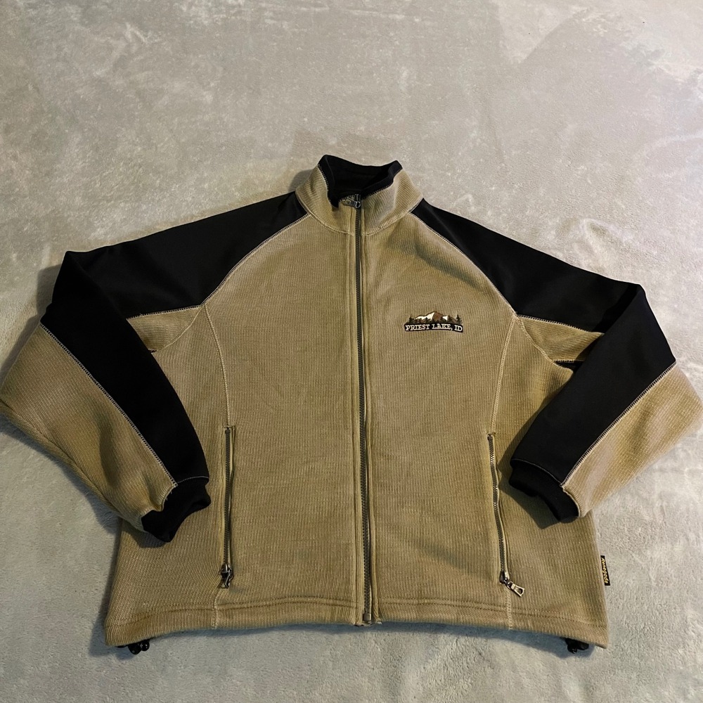 Renegade Club Priest Lake Idaho Full Zip Fleece Jacket Tan Black Mens Small